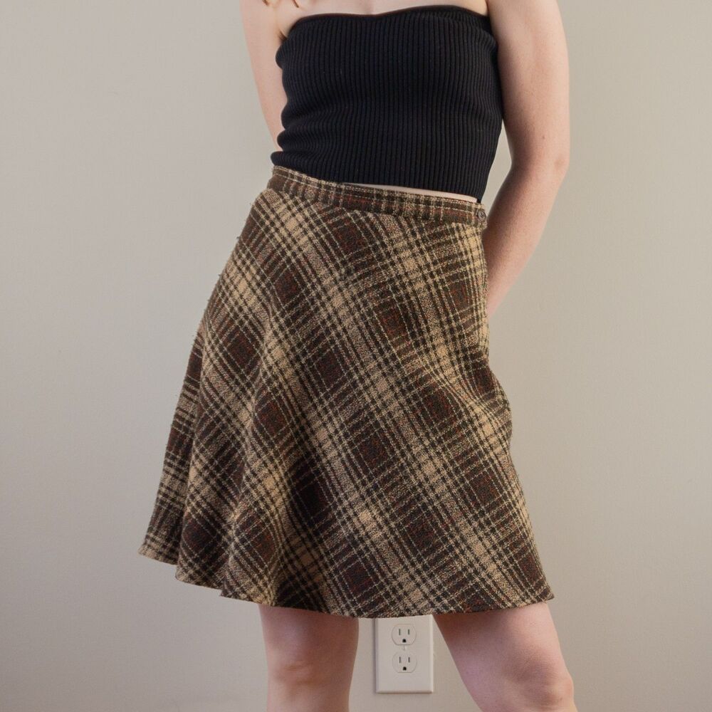 Vintage BCBGMaxazria Brown Plaid High Waist A Line Preppy Academia School Skirt